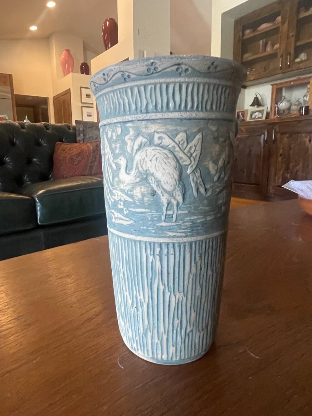 Art Nouveau Red Wing Pottery Stoneware Crane  Brushware Vase
